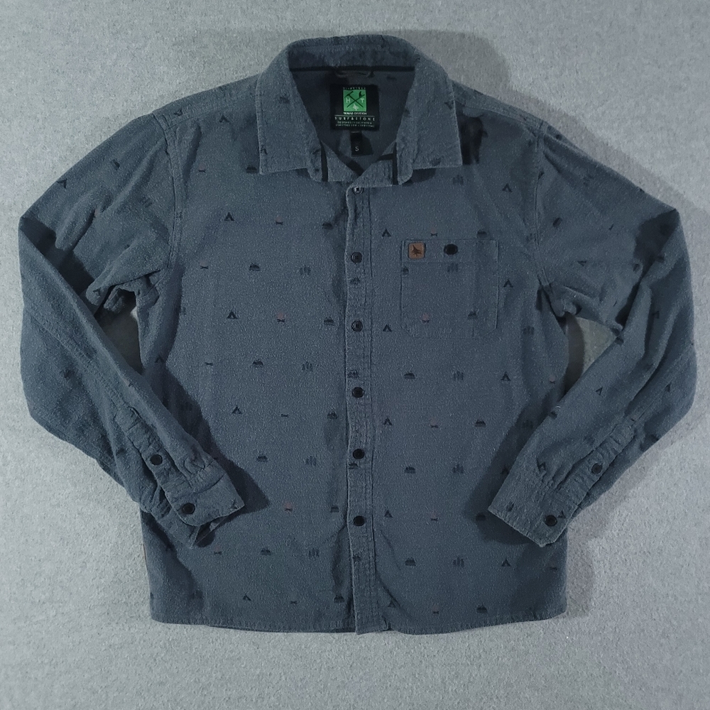 Hippy Tree Nomad Division Button Up Shirt Mens S Blue Camp Fire Graphic Small